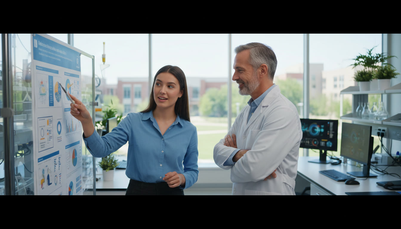 Photo Idea : A focused IB student presenting a short research poster to a smiling mentor in a bright campus lab
