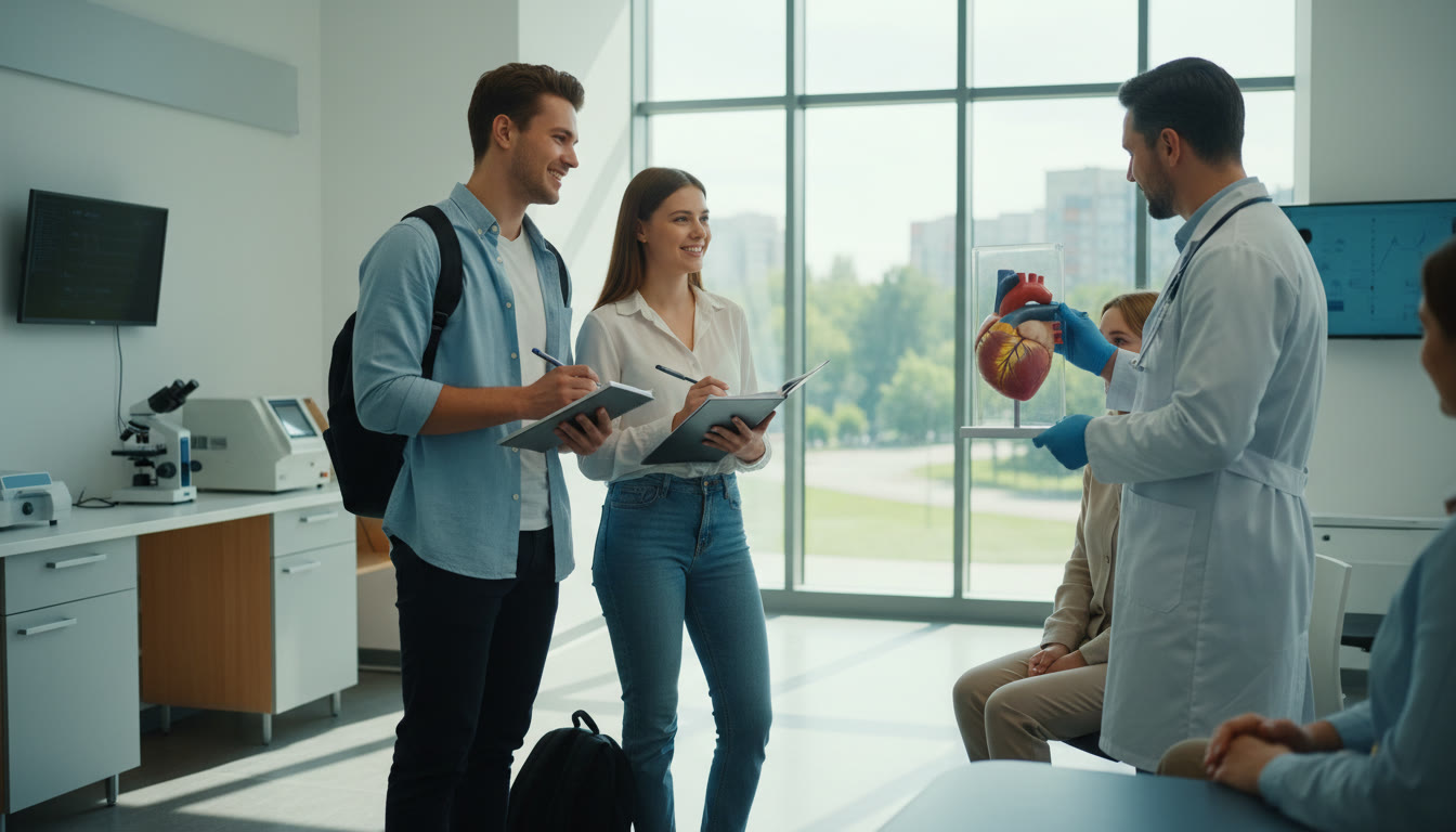 Photo Idea : Two IB students observing a professional in a bright clinic while taking notes