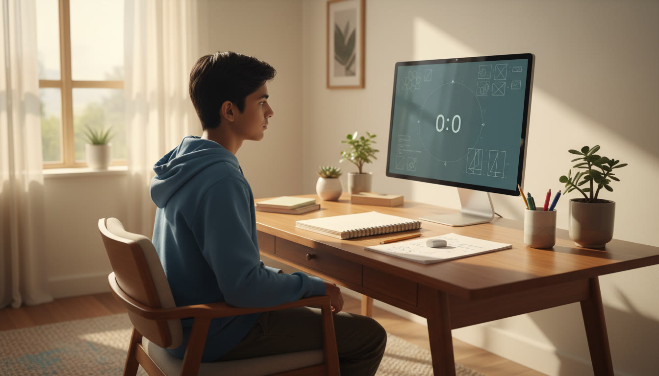 Photo Idea : A calm student at a test desk, eyes on a computer screen showing a countdown timer and a neatly arranged scratch pad beside it