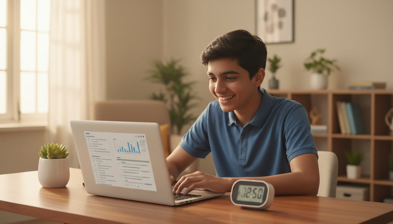 Photo Idea : Student at a desk taking a timed mock test on a laptop with a visible stopwatch on the table
