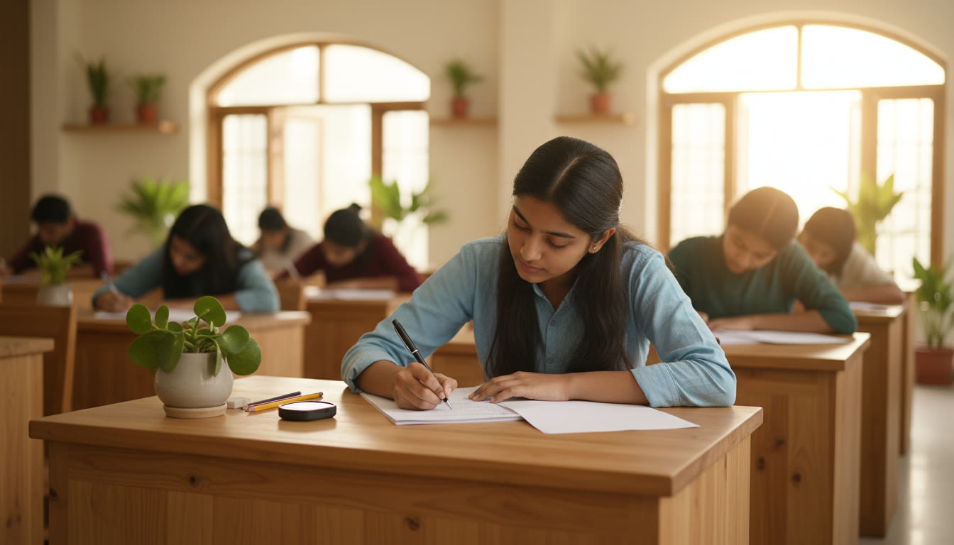 Photo Idea : A focused student writing in an exam hall with a tidy desk and a stopwatch nearby.