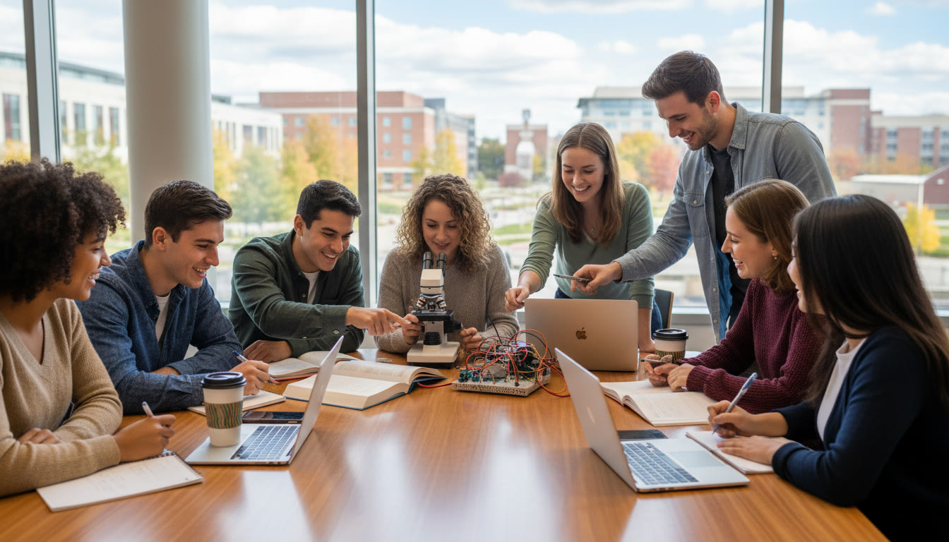 Photo Idea : A diverse group of students studying together at a long table with notebooks, laptops, and a microscope and a prototype gadget visible
