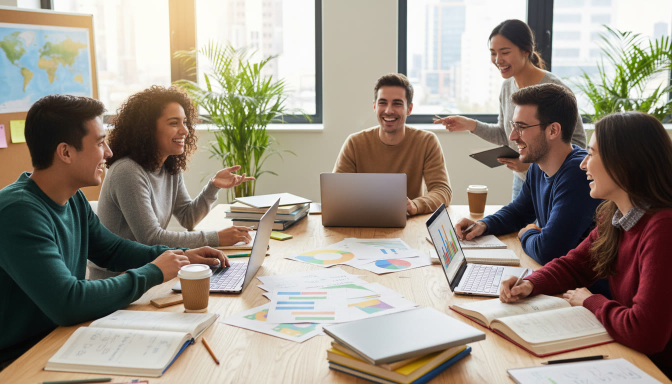 Photo Idea : A diverse group of IB DP students sitting around a table with laptops and colourful subject notes, smiling and discussing career options