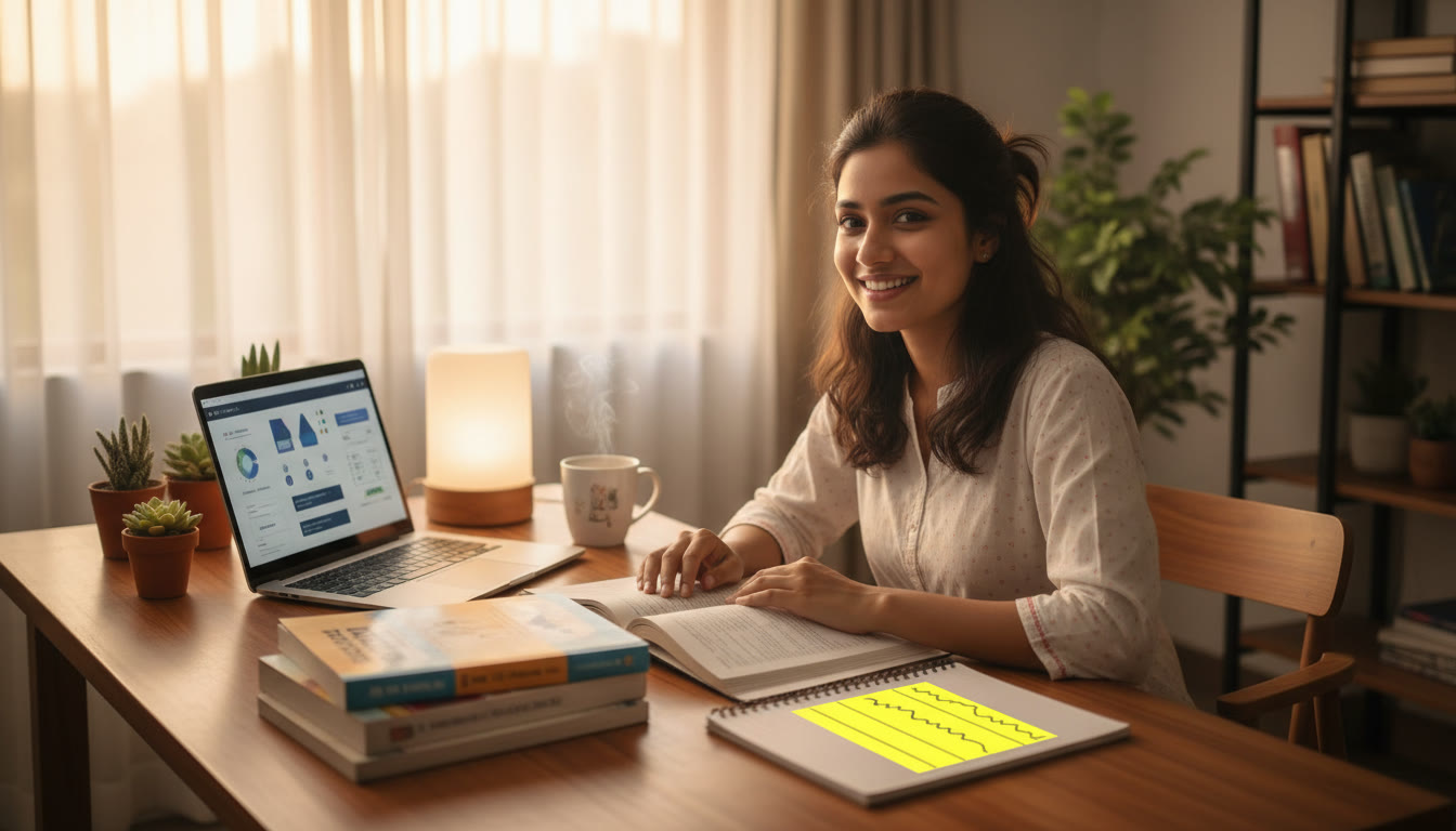 Photo Idea : A Class 11 student at a tidy desk with open textbooks, a laptop showing a mock test timer, and a notepad with a highlighted timetable.