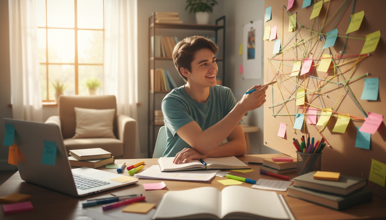 Photo Idea : student at a desk surrounded by notebooks and sticky notes, mapping a research timeline