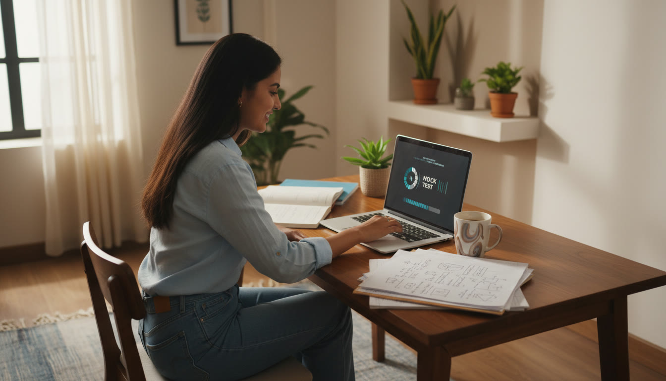 Photo Idea : A focused student at a desk with open notes, a laptop showing a mock test timer, and a mug of coffee beside a neat stack of problem sheets.