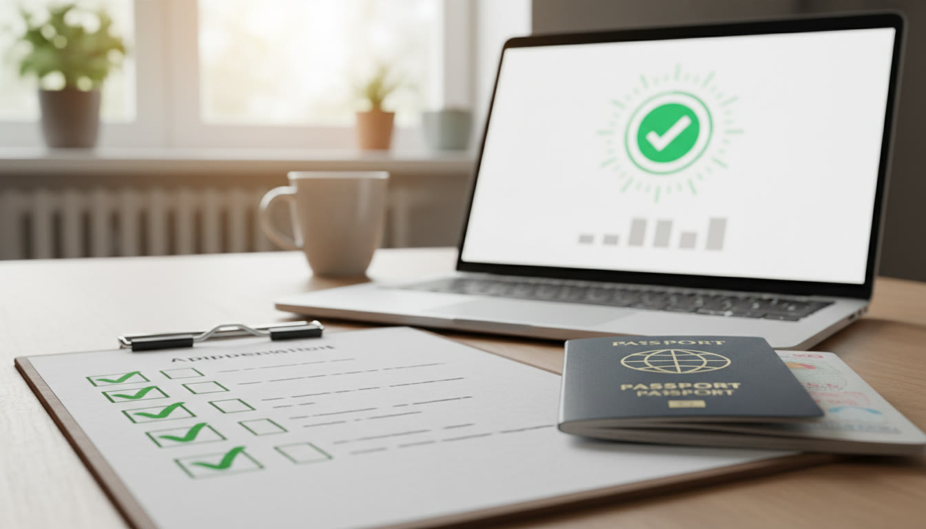 Photo Idea : A close-up of a checklist with items ticked, a passport beside it, and a laptop showing a confirmation screen