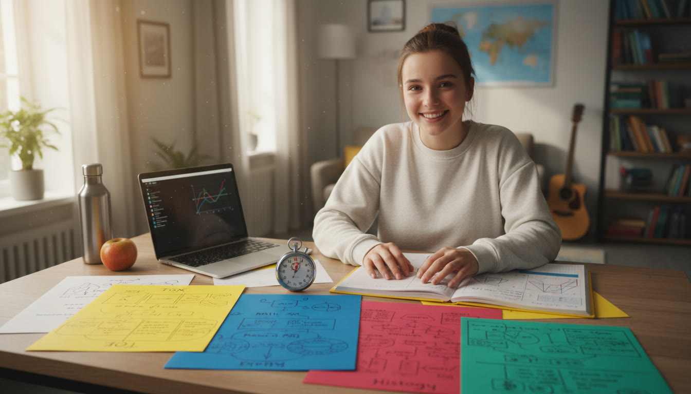 Photo Idea : Student at a desk with color-coded notes and a stopwatch.