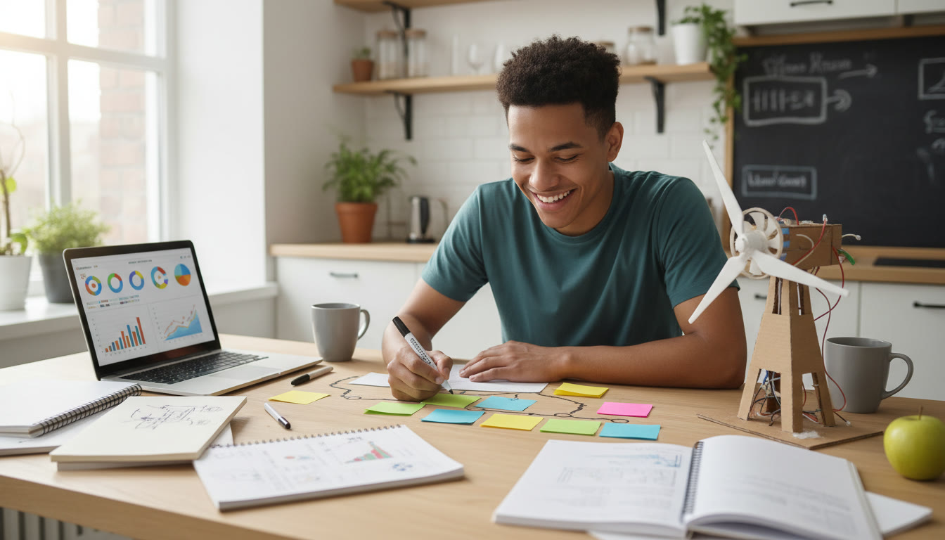 Photo Idea : A student at a kitchen table surrounded by notebooks, a laptop, and a prototype model while sketching a timeline on sticky notes