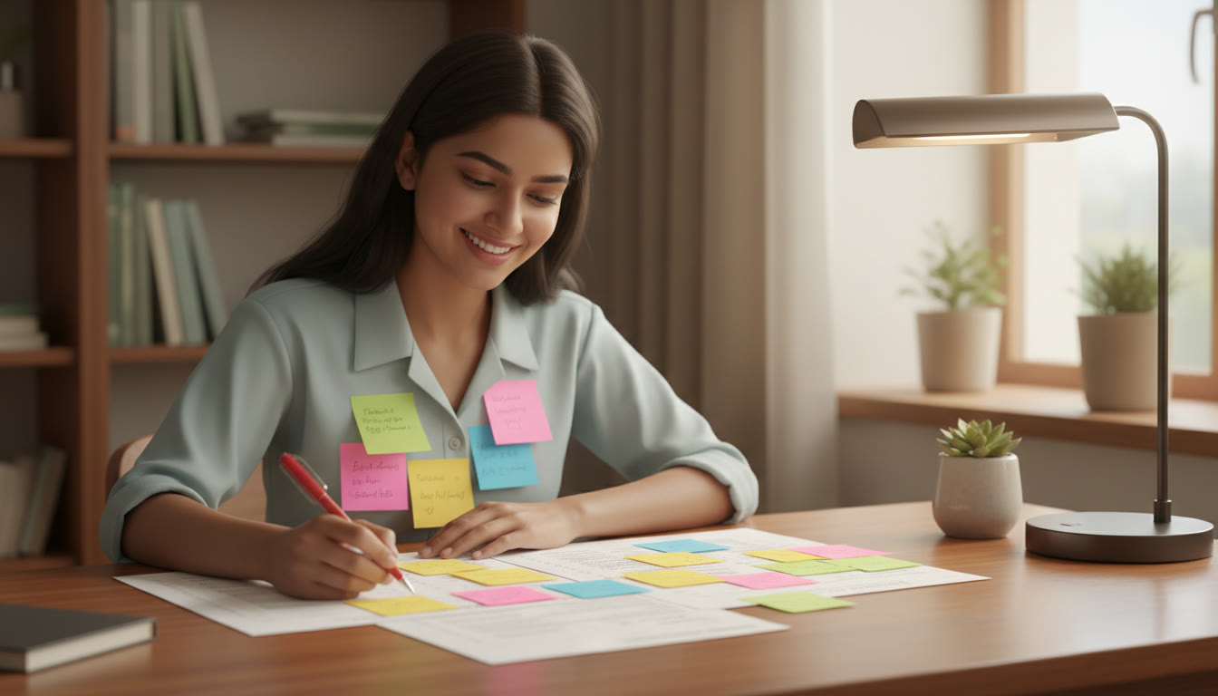 Photo Idea : A student analyzing a scored mock test on a desk with sticky notes marking mistakes.