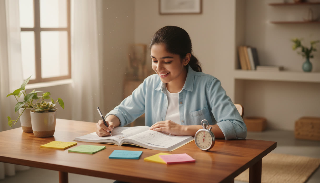 Photo Idea : Student seated at a tidy desk solving a sample paper with a stopwatch and colored notes laid out