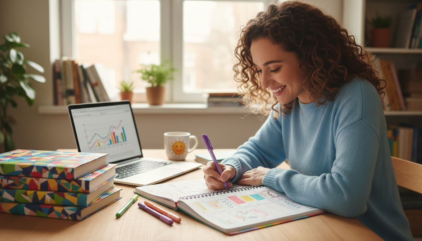 Photo Idea : Student at a desk writing in a colorful planner with IB textbooks and a laptop