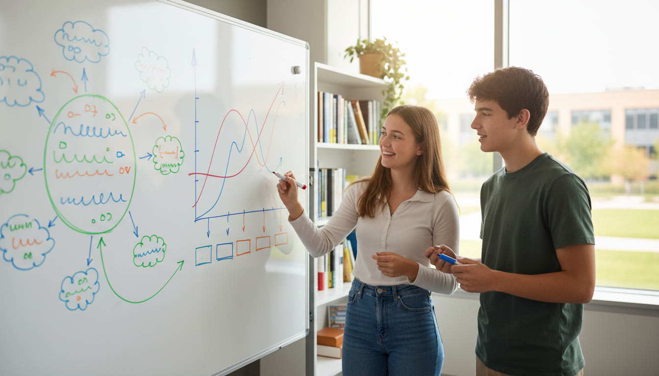 Photo Idea : A tutor and an IB student collaborating at a whiteboard, with clear diagrams and notes.