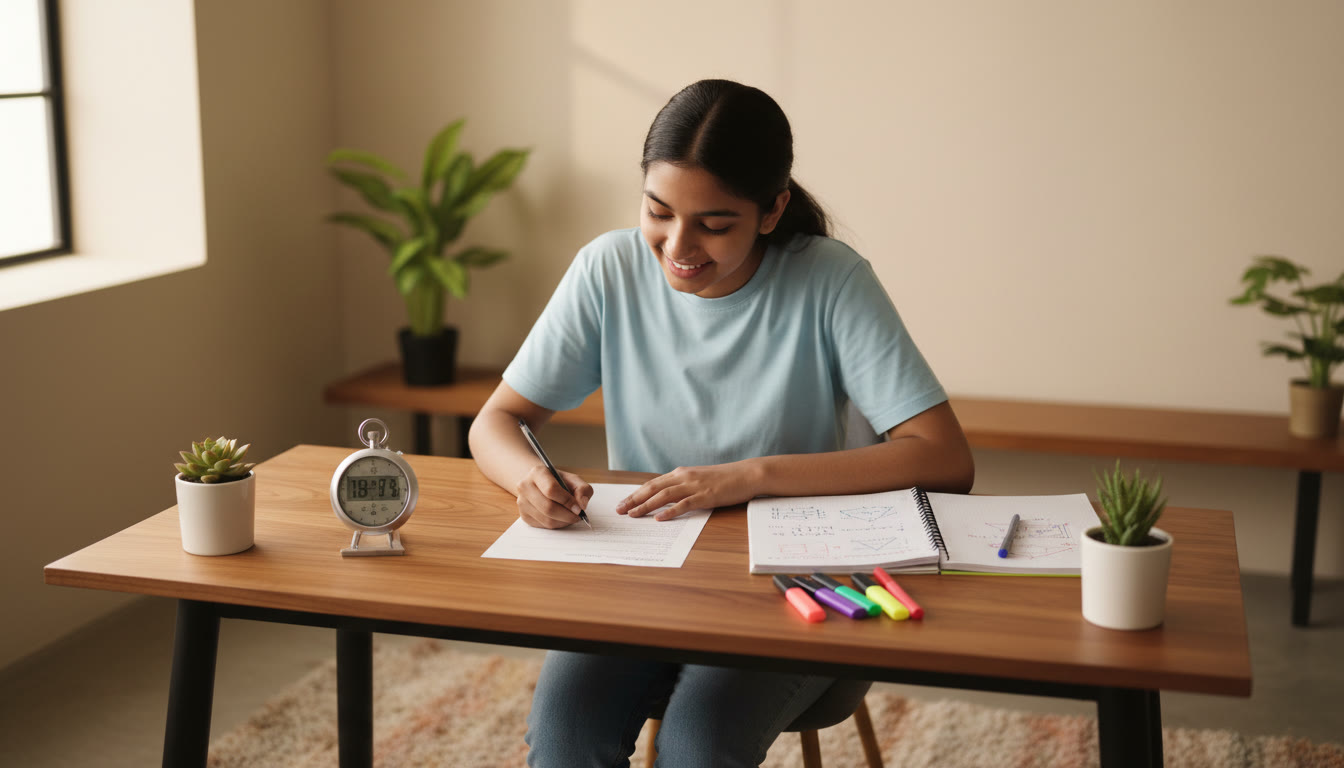 Photo Idea : A focused student at a study table, stopwatch running, sample paper on the desk, with neat notes beside it