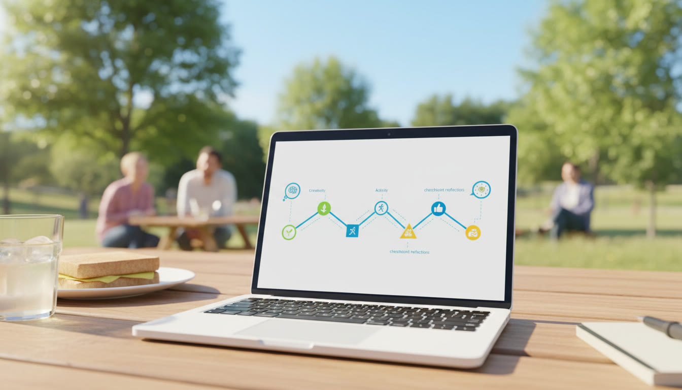 Photo Idea : A timeline infographic on a laptop screen showing CAS activities and checkpoint reflections