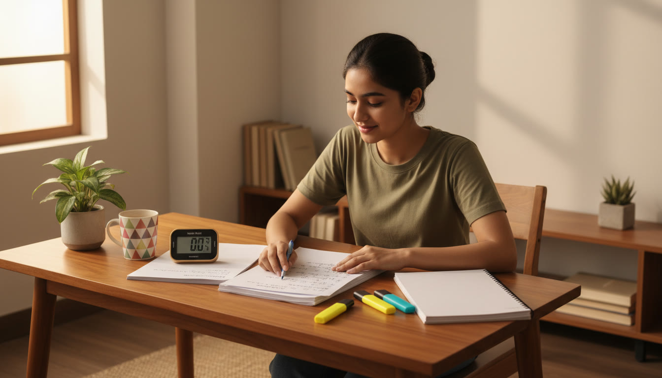 Photo Idea : Student at a study desk with mock test papers, a stopwatch, highlighters and a calm focused expression
