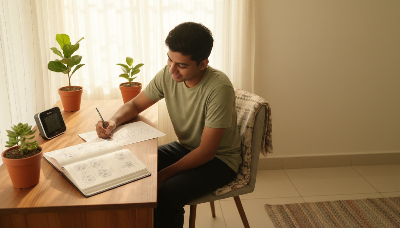 Photo Idea : A focused student filling an OMR sheet with a pencil while a timer and open biology notebook sit nearby