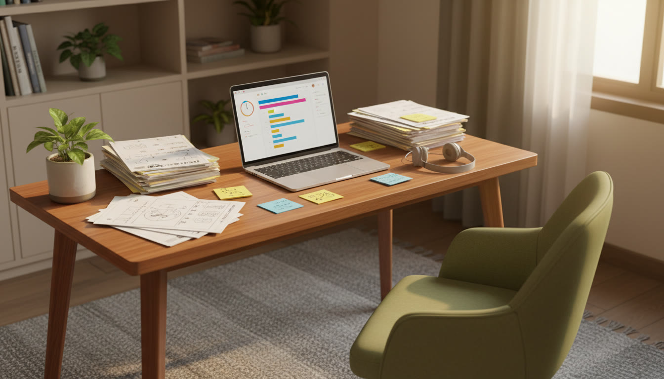 Photo Idea : Student desk with PYQ papers, sticky notes, laptop showing a timed mock