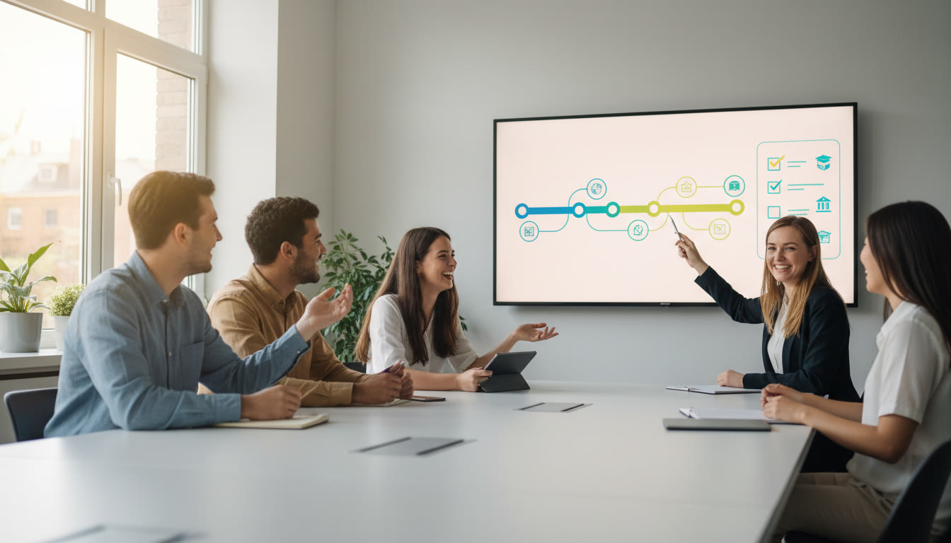 Photo Idea : Group of IB students meeting with a college counselor over a timeline and checklist