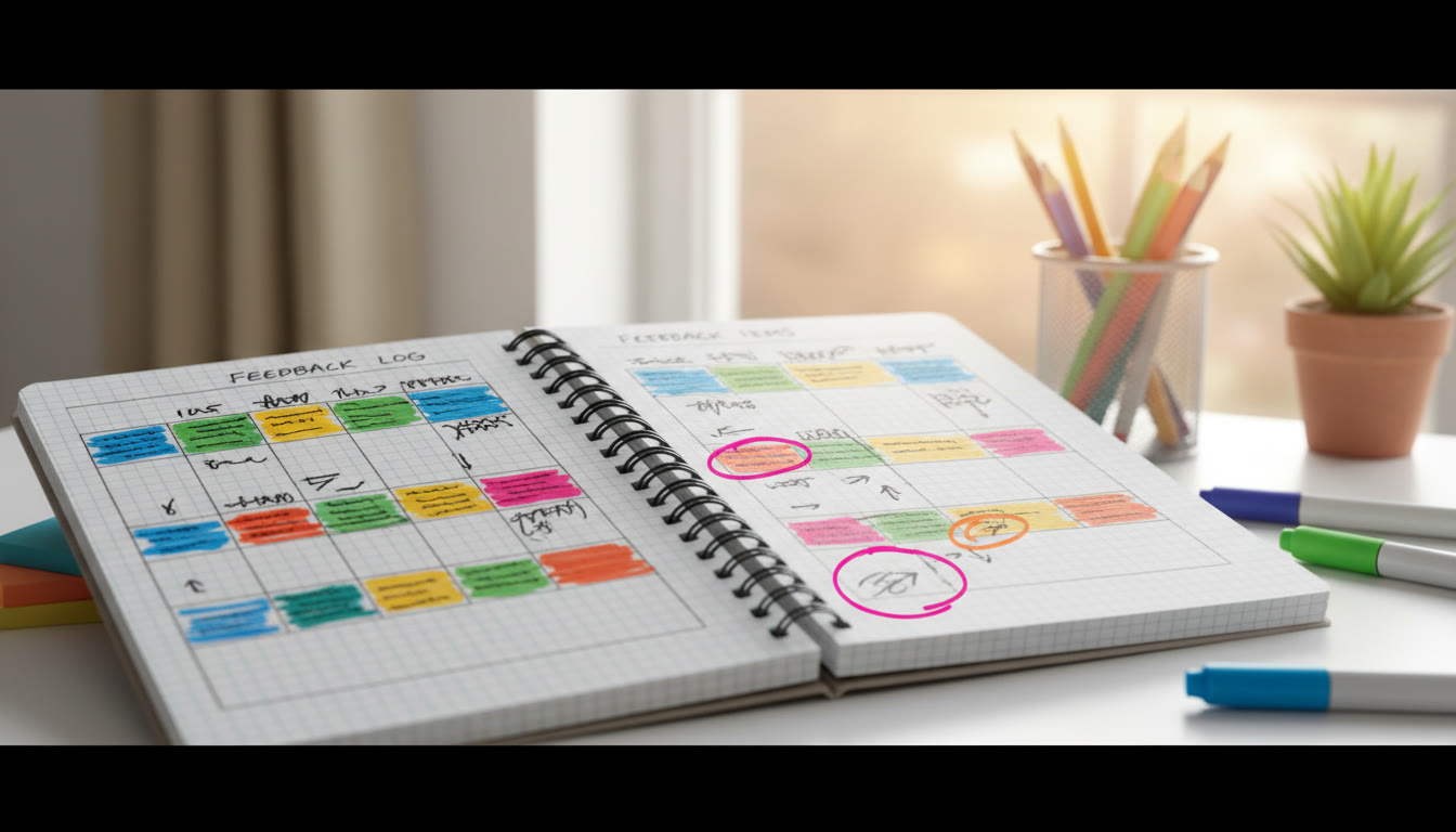 Photo Idea : Close-up of a student’s notebook with a color-coded feedback log and highlighted action items
