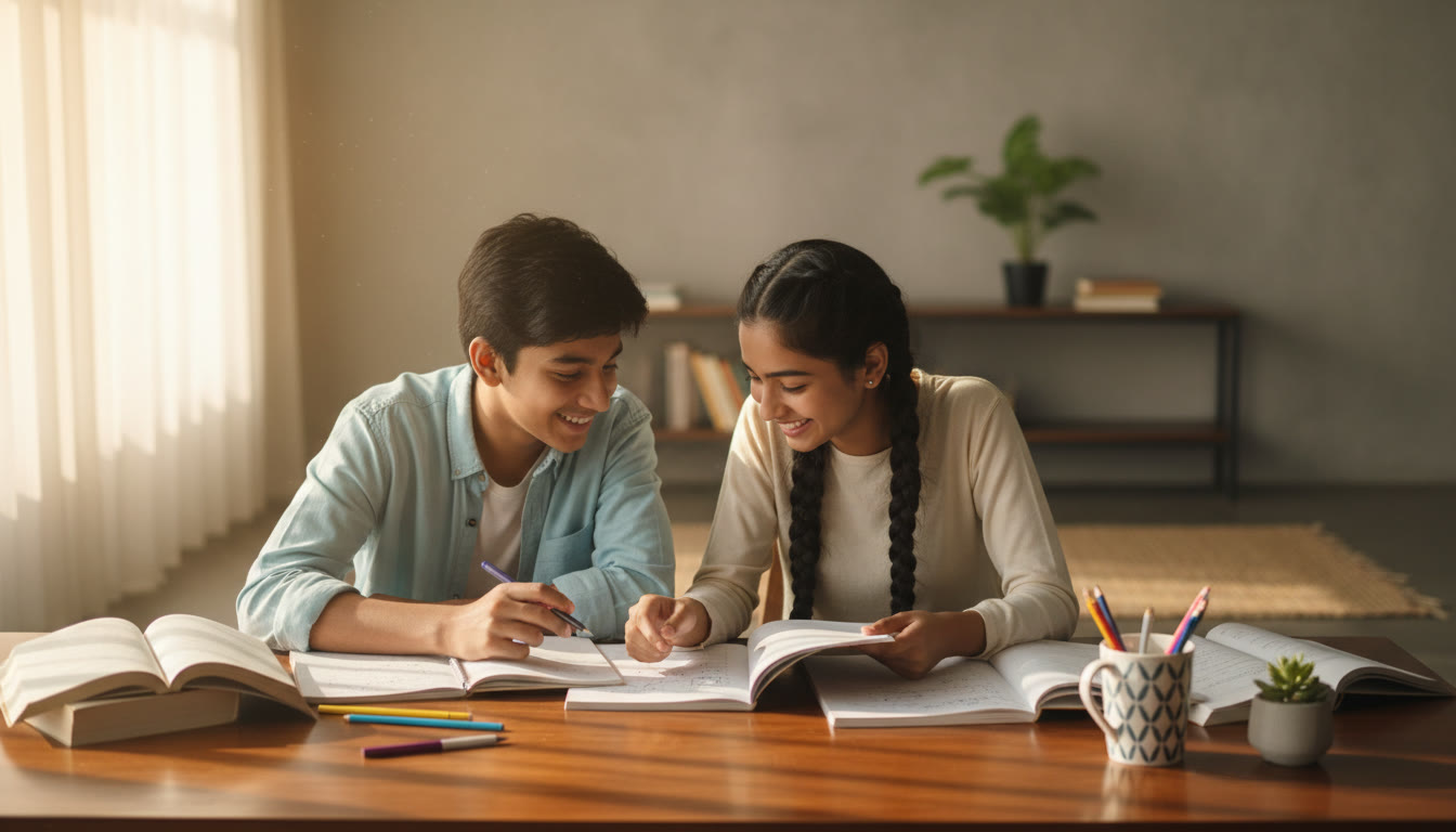 Photo Idea : Two students at a wooden desk comparing notebooks with headings 