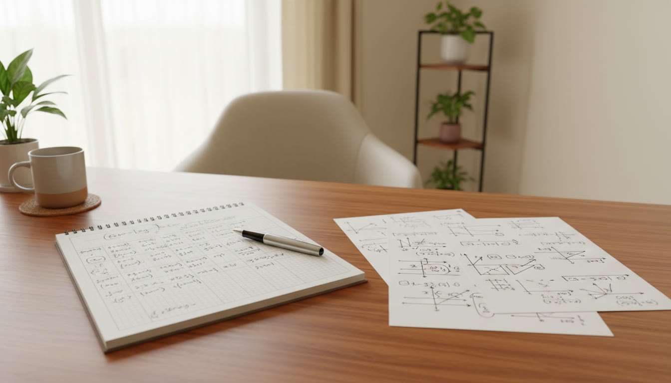 Photo Idea : Open notebook with an error-log table, pen and annotated solution sheets