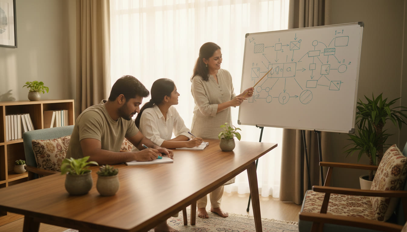 Photo Idea : Small group session with a tutor pointing to a whiteboard diagram while a student corrects error notes