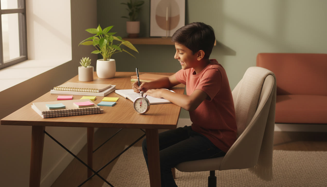 Photo Idea : A focused student writing at a clean desk with neatly organized notes and a stopwatch nearby