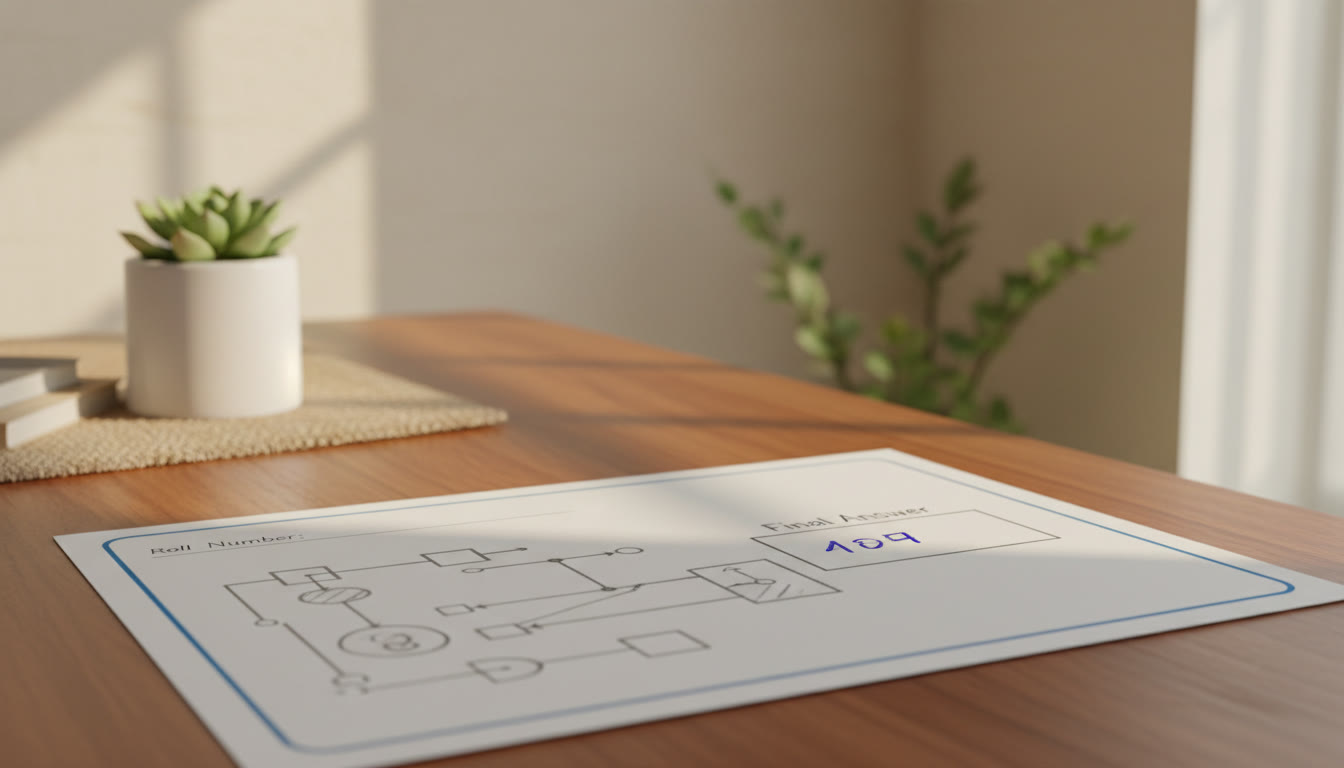 Photo Idea : Close-up of a neatly boxed final answer and a labeled diagram on an answer sheet
