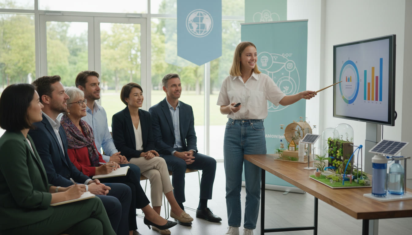 Photo Idea : A student presenting a community project to local stakeholders with charts and prototypes visible