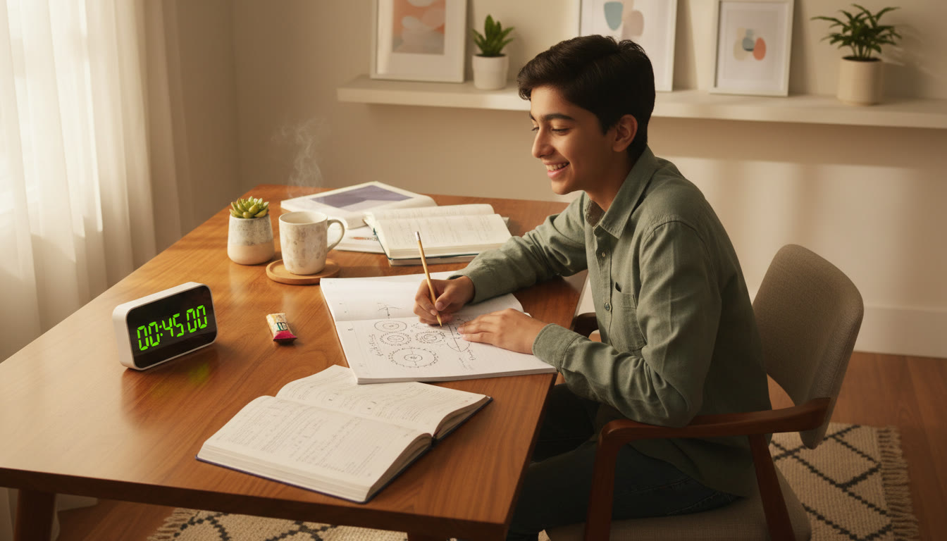 Photo Idea : Student at a desk sketching a physics diagram with a timer and scattered notebooks