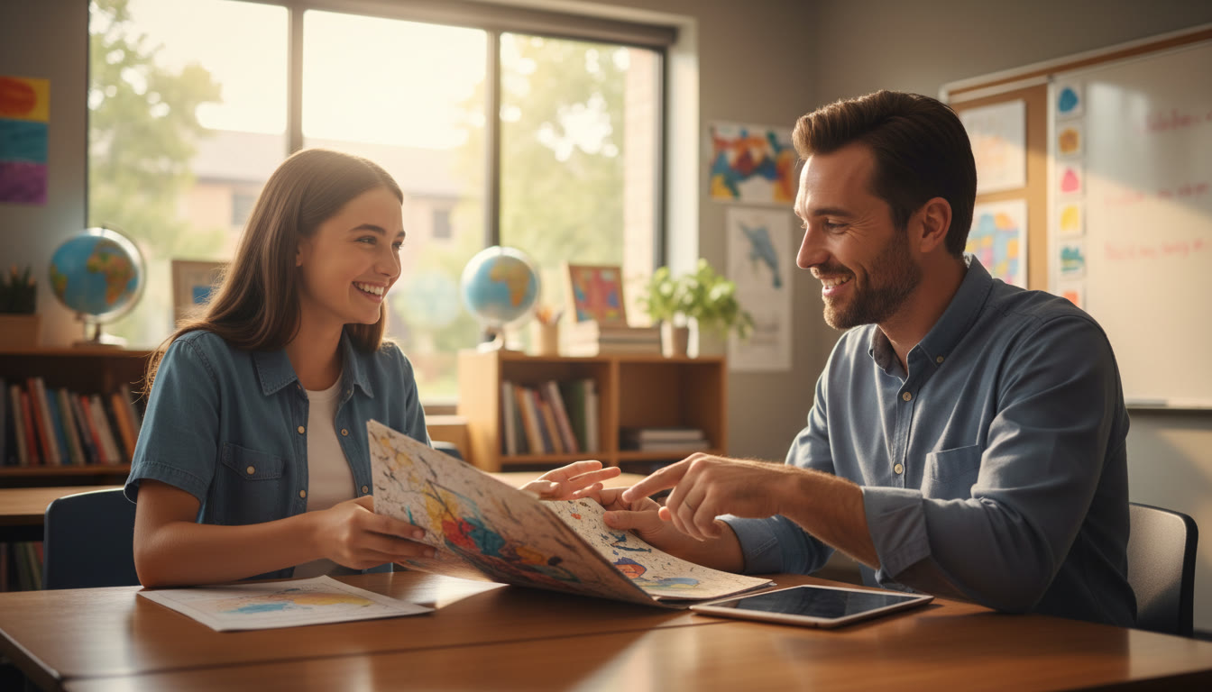 Photo Idea : A student and teacher sitting at a school desk, exchanging a portfolio and smiling as they discuss a recommendation