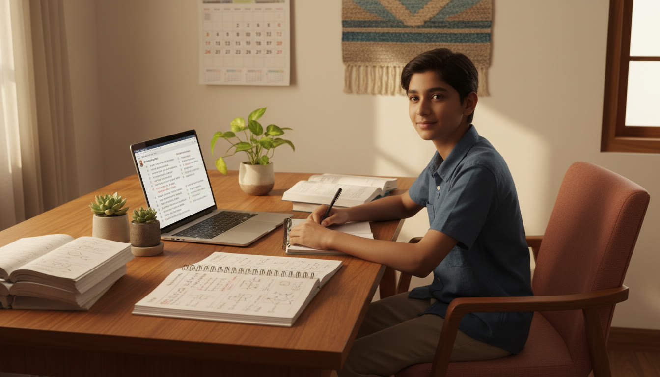 Photo Idea : A focused student at a desk with school textbooks, NEET notes, a calendar, and a laptop displaying practice problems