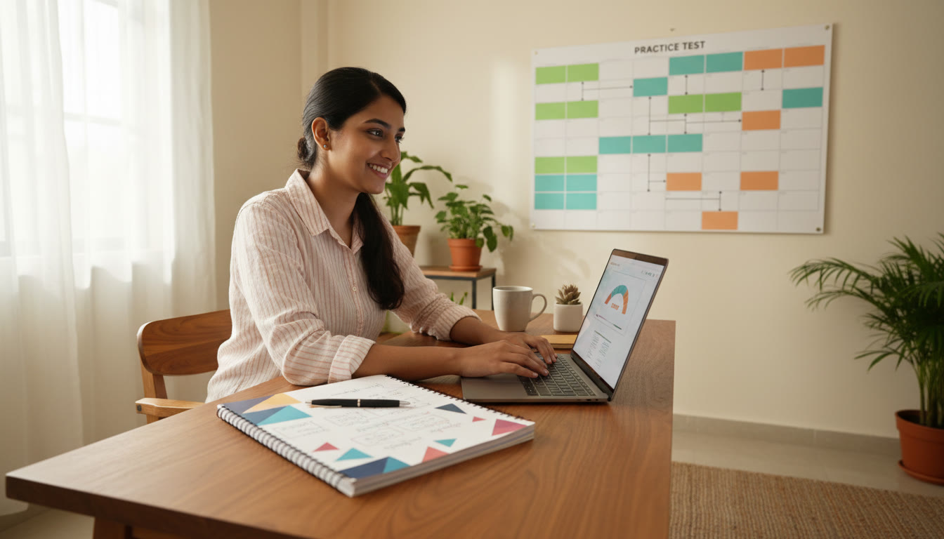 Photo Idea : A student at a tidy desk with both a board syllabus notebook and a laptop open to a timed practice test; a colour-coded wall calendar in the background