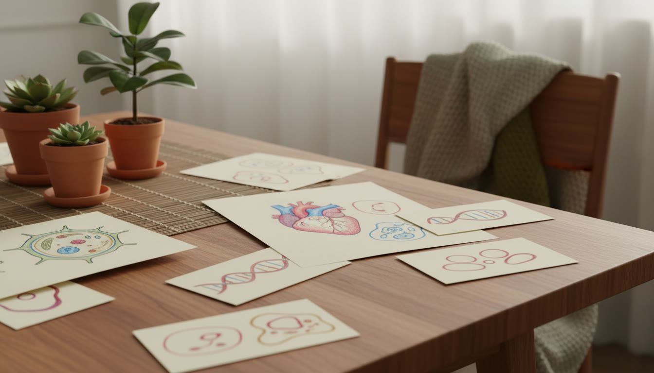 Photo Idea : Close-up of hand-drawn biology diagrams and labeled flashcards spread on a table.