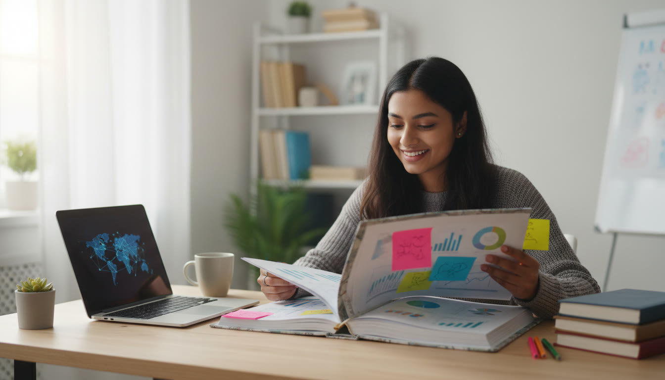 Photo Idea : Student at a tidy desk reviewing a colorful project portfolio with sticky notes and a laptop