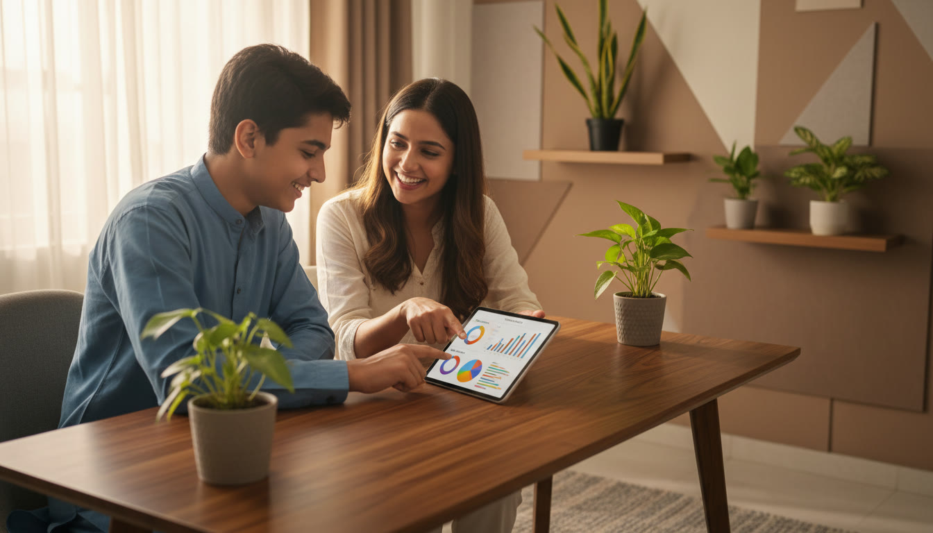Photo Idea : A tutor and student reviewing a mock test report on a tablet, pointing to charts