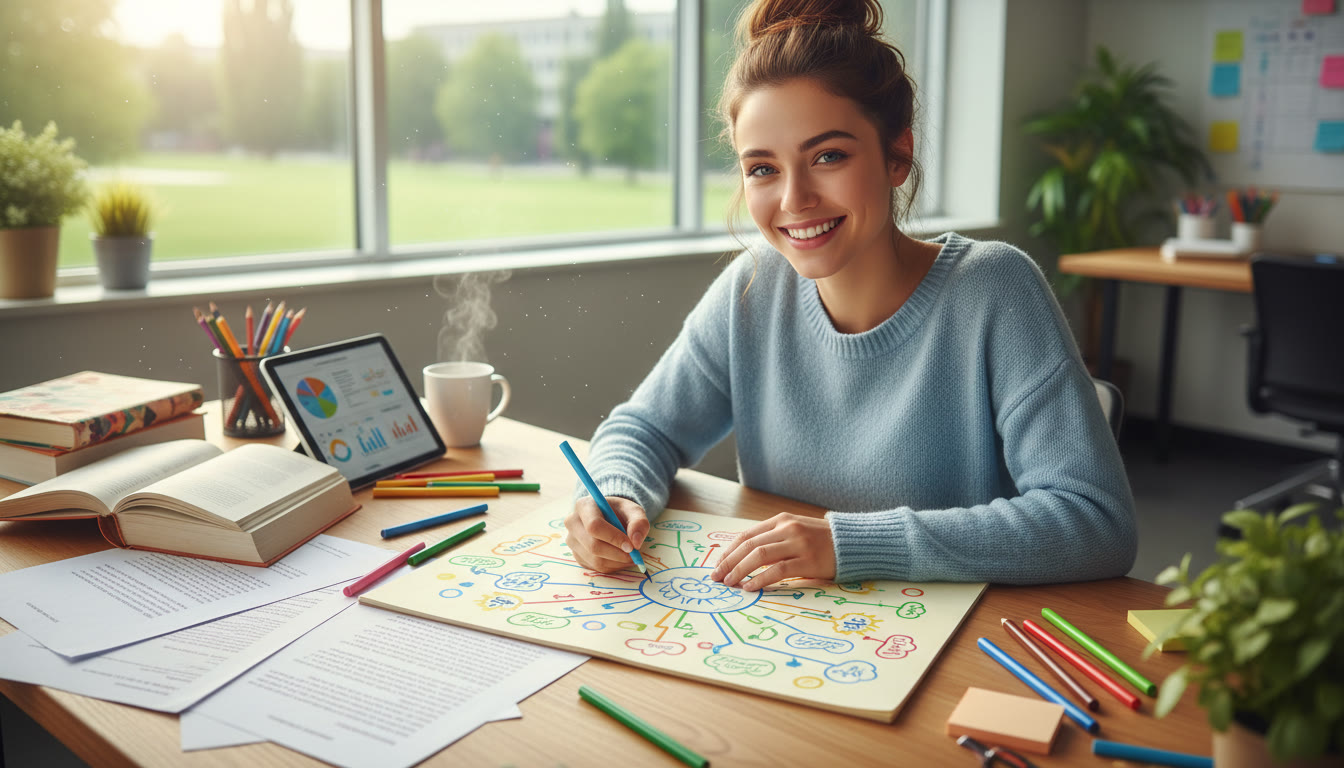 Photo Idea : Student at a desk converting long paragraphs into a compact mind map on a notepad
