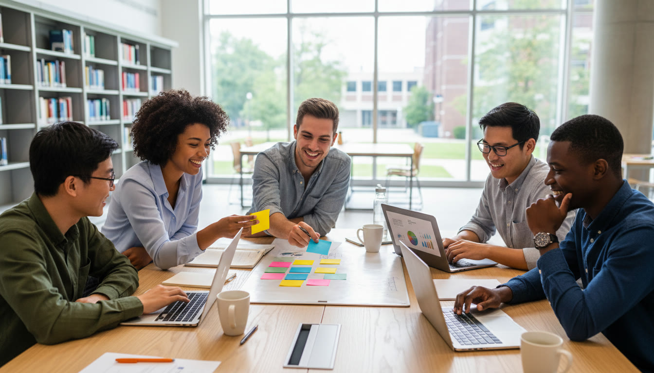 Photo Idea : group of diverse IB students collaborating around a table with sticky notes and laptops