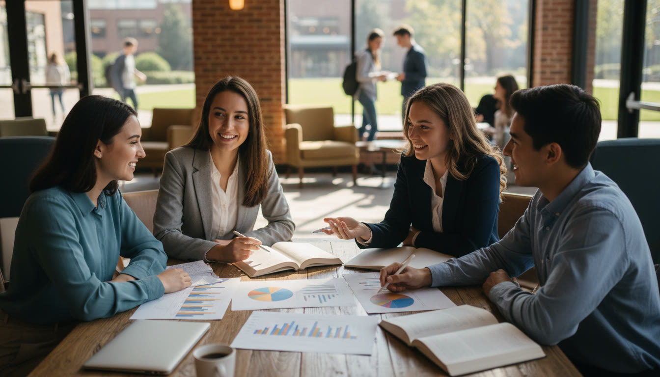 Photo Idea : A small group of IB students discussing data charts and a business case in a campus coffee lounge