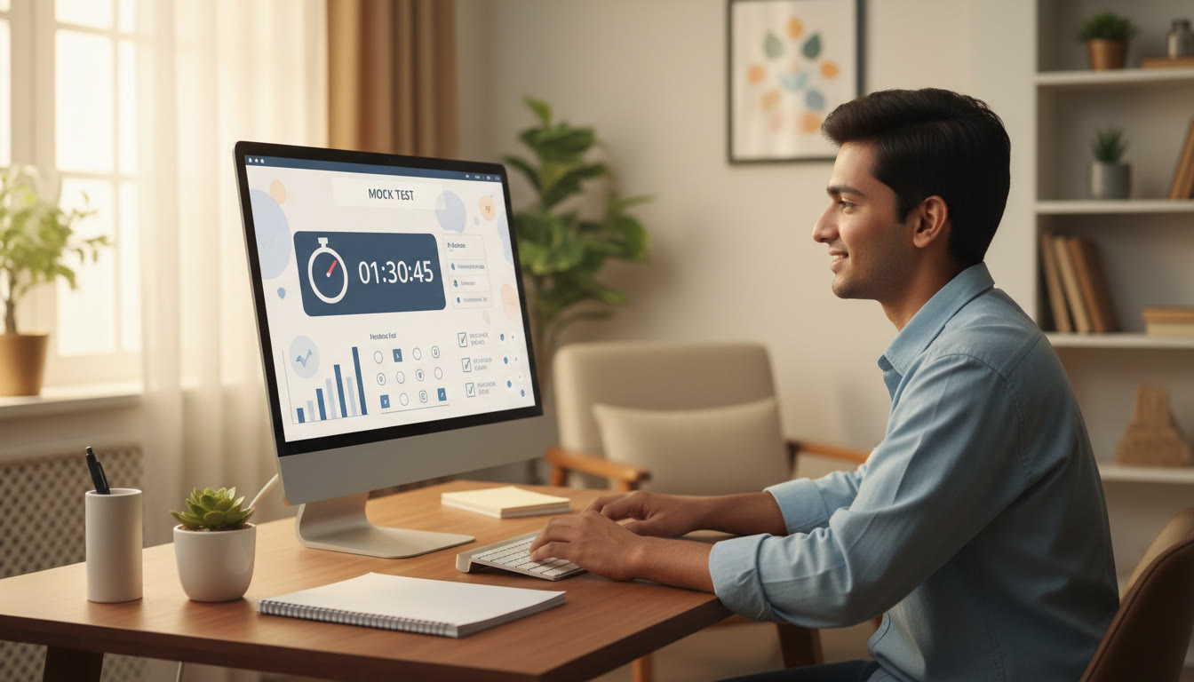 Photo Idea : A calm student taking a timed computer-based mock test at a tidy desk, stopwatch visible on screen