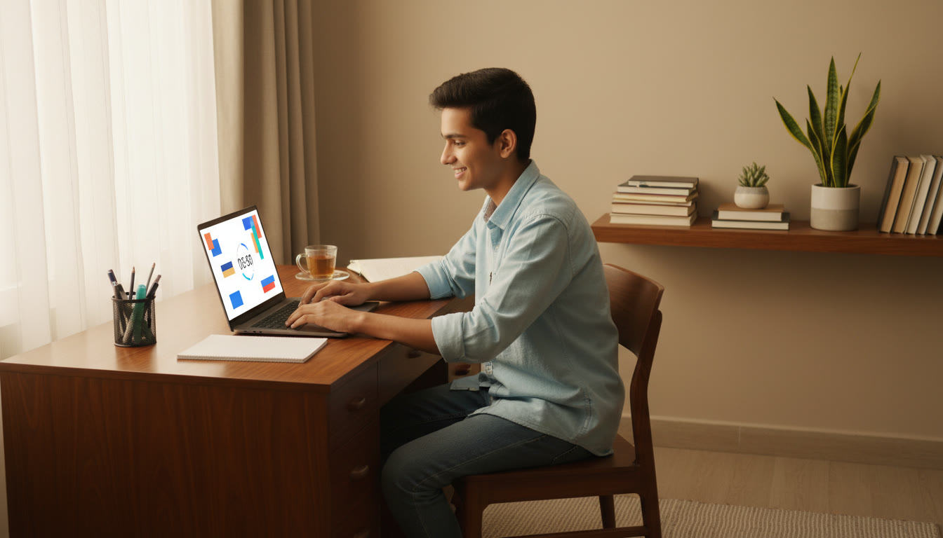 Photo Idea : Student in a quiet study corner taking a timed full-length mock test on a laptop