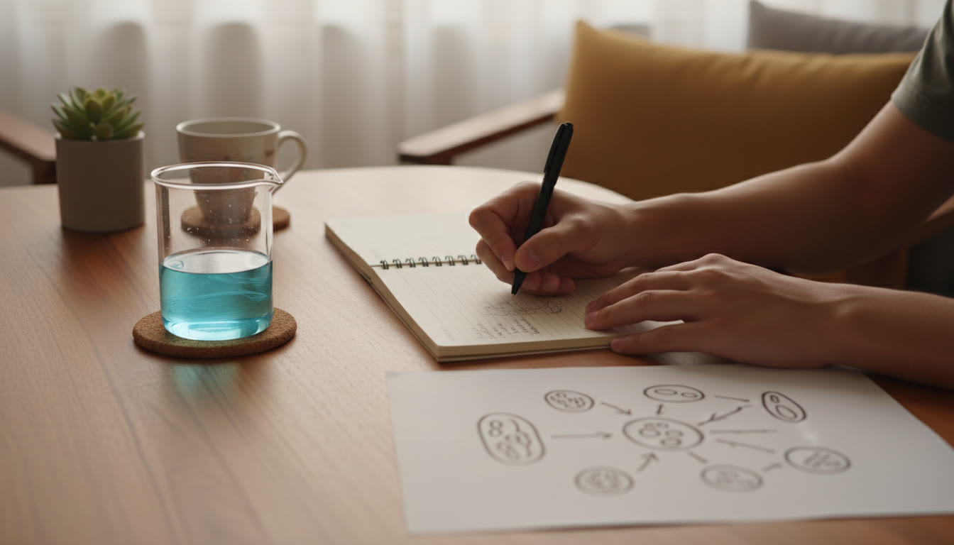 Photo Idea : A close-up of hands writing observations in a lab notebook with a beaker and labelled diagram nearby
