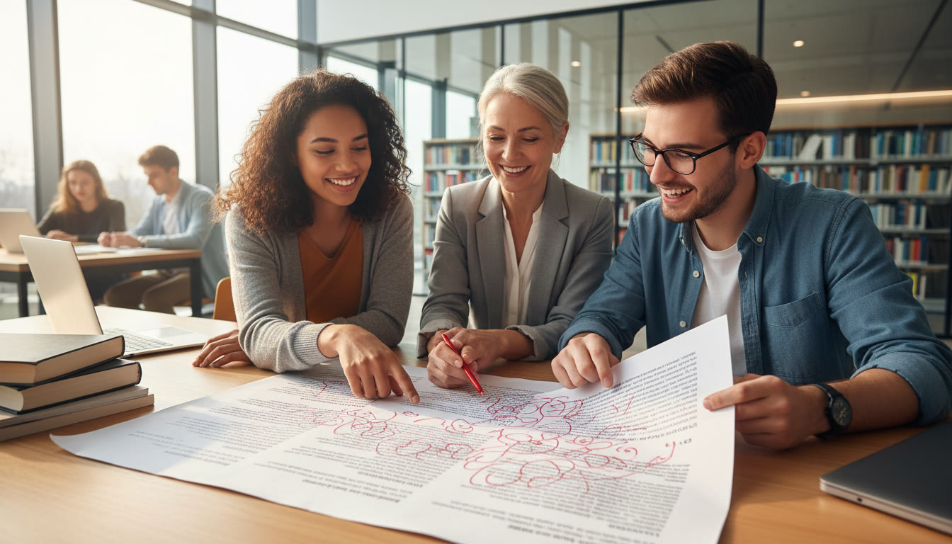 Photo Idea : Two students reviewing a printed draft with a supervisor, red pen annotations visible