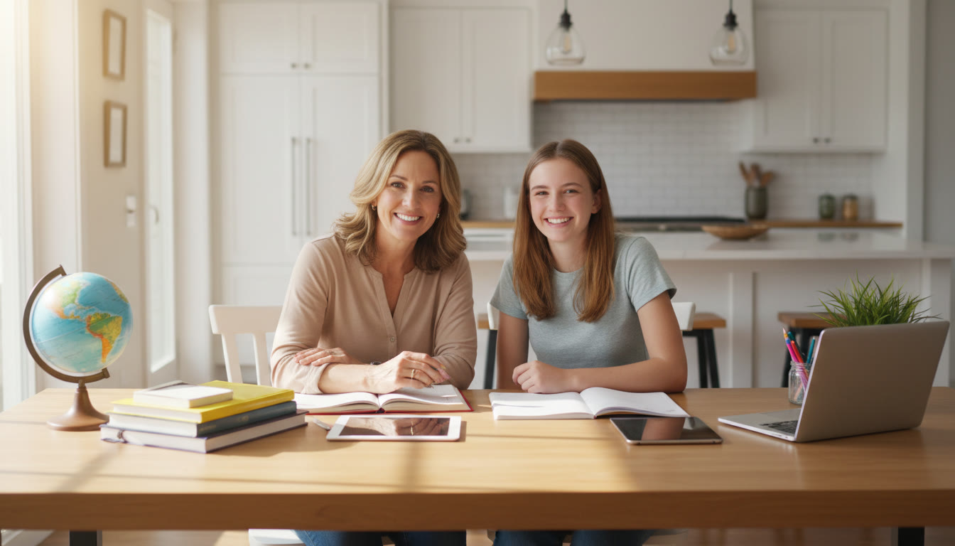 Photo Idea : Parent and teenager at a kitchen table with calm natural light, study materials neatly arranged