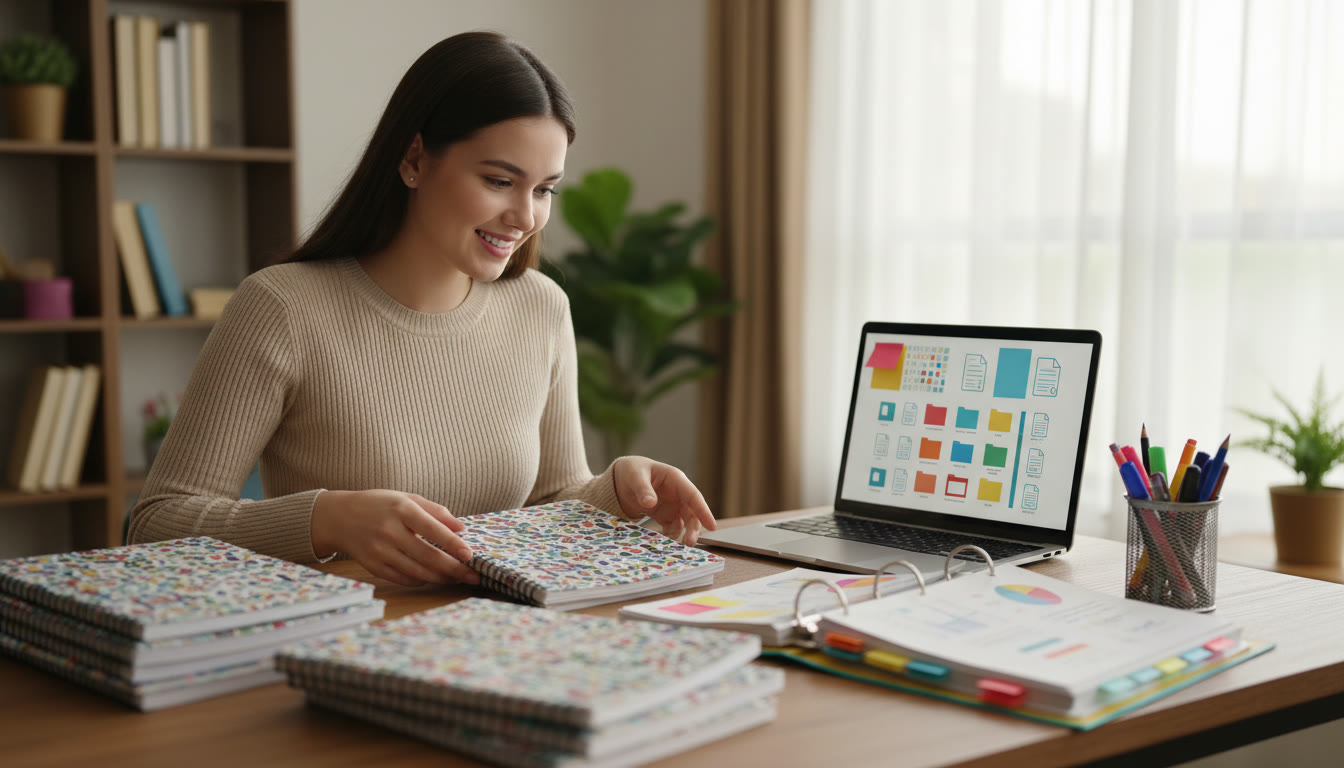Photo Idea : a student organizing notebooks and digital files on a desk, with a laptop and color-coded binder