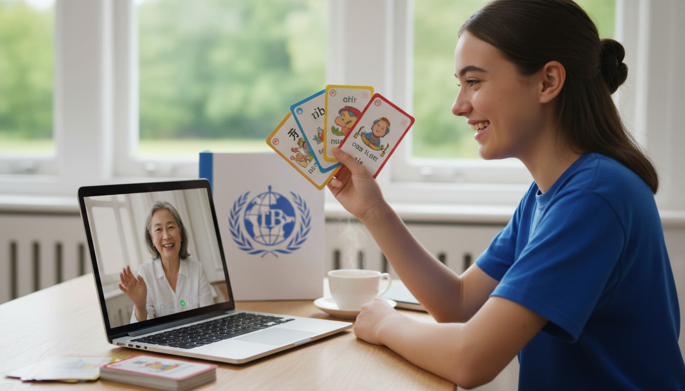 Photo Idea : Student at a desk practicing Mandarin with flashcards and a laptop open to a video call