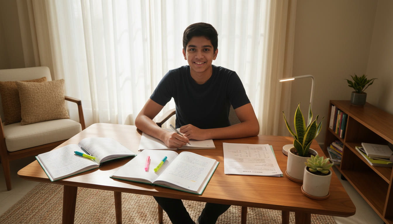 Photo Idea : A focused student at a tidy desk with color-coded notes and a printed mock test paper