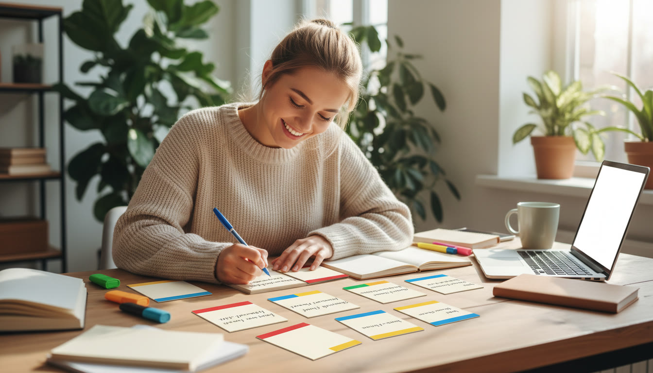 Photo Idea : a student writing model sentences on index cards labelled by command terms