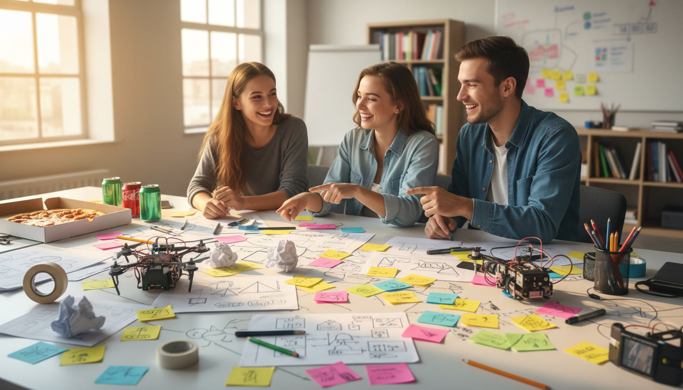 Photo Idea : A small group of students around a cluttered desk with sketches, prototypes, and sticky notes showing iterative design